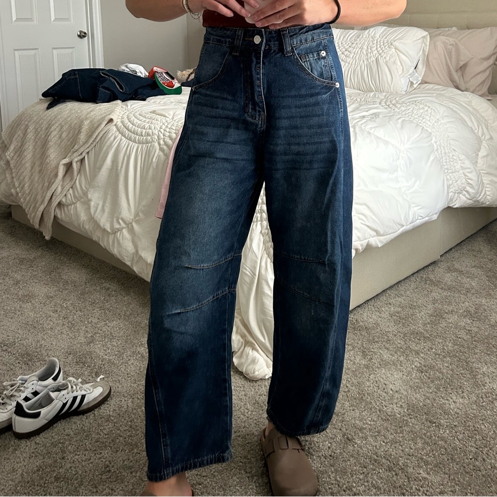 Free People High Rise Dark Blue Barrel Jeans